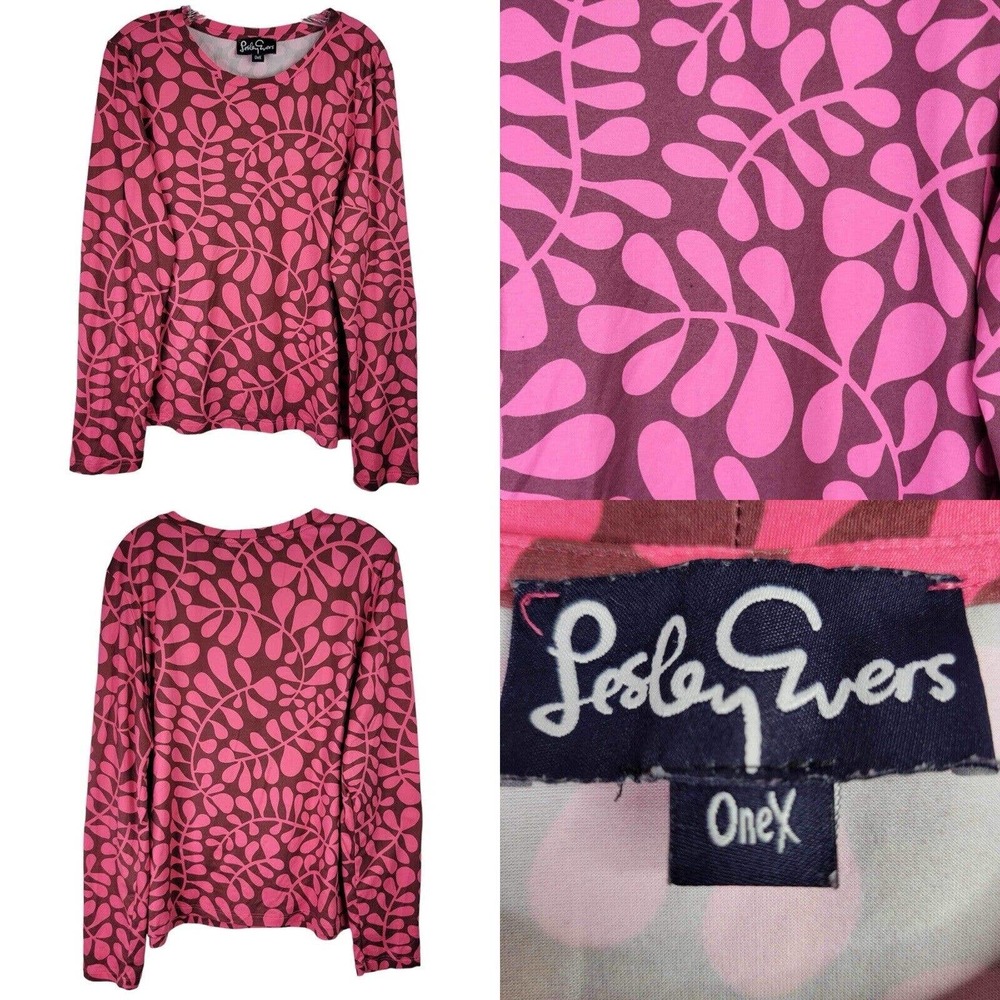 Lesley Evers Shirt Top Pink Vine Leaf Print Long Sleeve Blouse Size 1X Stretch
